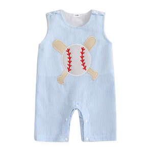 Striped Baseball & Bat Embroidered Pants Romper - PREORDER