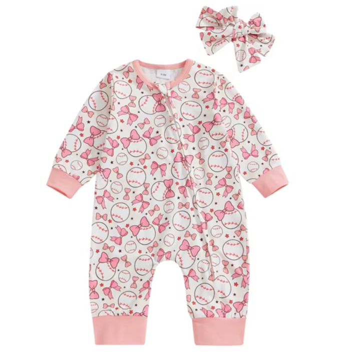 Bow Baseballs Zipper Romper & Bow - PREORDER