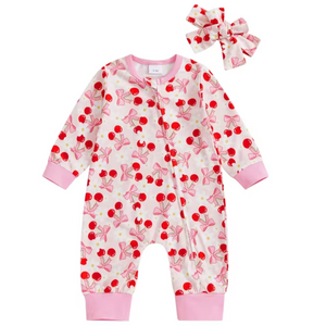 Cherry Bows & Daisies Zipper Romper & Bow - PREORDER