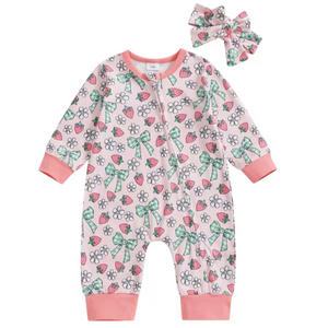 Strawberries Daisies & Plaid Bows Zipper Romper & Bow - PREORDER