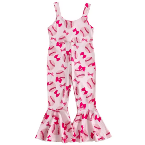 Pink Baseballs & Bows Bells Romper - PREORDER