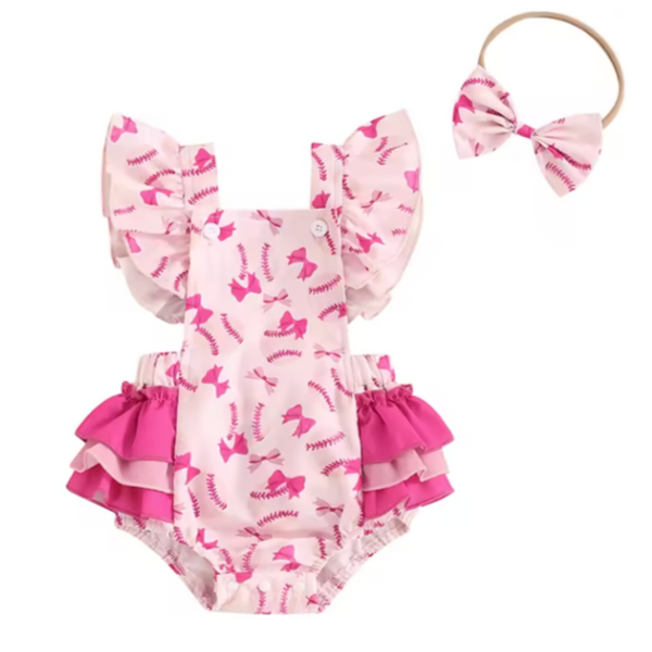 Pink Baseballs & Bows Ruffle Romper & Bow - PREORDER