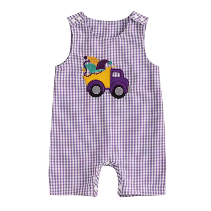 Checkered Mardi Gras Truck Embroidered Shorts Romper - PREORDER