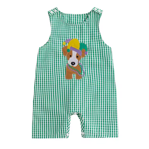 Checkered Mardi Gras Dog Embroidered Shorts Romper - PREORDER