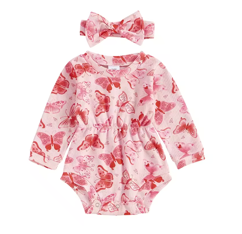 Valentine Butterflies Ribbed Romper & Bow - PREORDER