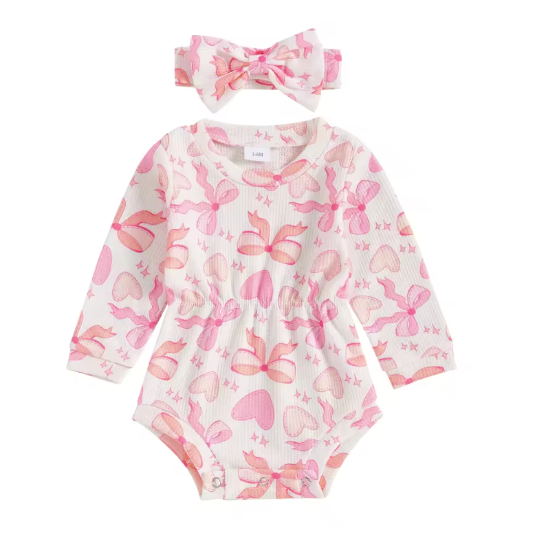 Pink Hearts & Bows Ribbed Romper & Bow - PREORDER