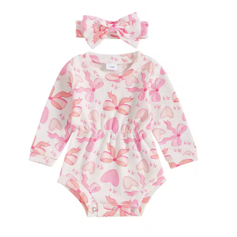 Pink Hearts & Bows Ribbed Romper & Bow - PREORDER