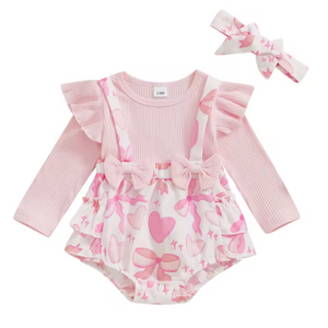 Pink Hearts & Bows Overalls Ribbed Romper & Bow - PREORDER