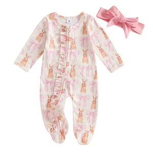 Bunnies & Bows Ruffle Zipper Footie Romper & Bow - PREORDER