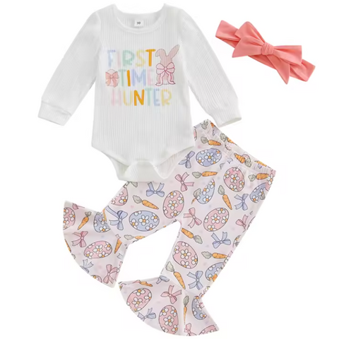 First Time Hunter Daisy Easter Eggs, Carrots & Bows Bells Outfit & Bow - PREORDER