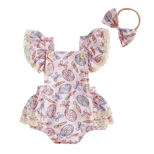 Daisy Easter Eggs, Carrots & Bows Ruffle Romper & Bow - PREORDER