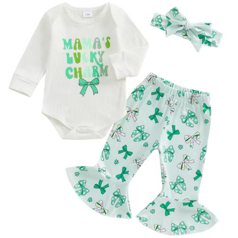 Mamas Lucky Charm St Patricks Bows Ribbed Outfit & Bow - PREORDER