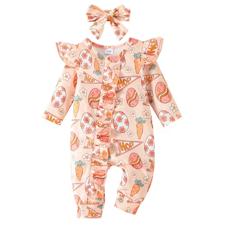 Groovy Hop Eggs & Carrots Zipper Romper & Bow - PREORDER