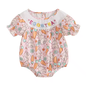 Smocked EGGSTRA Checkered Bunnies & Carrots Embroidered Romper - PREORDER