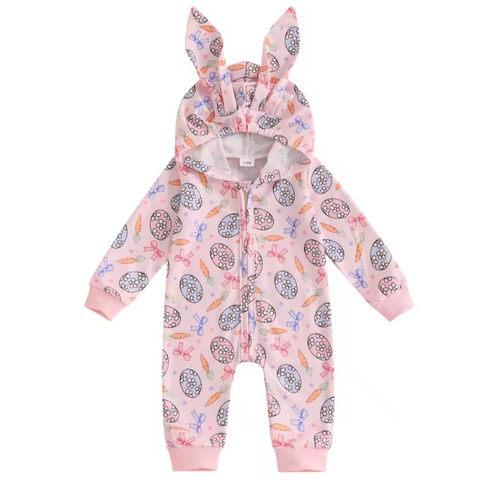 Daisy Eggs Carrots & Bows Bunny Zipper Romper - PREORDER