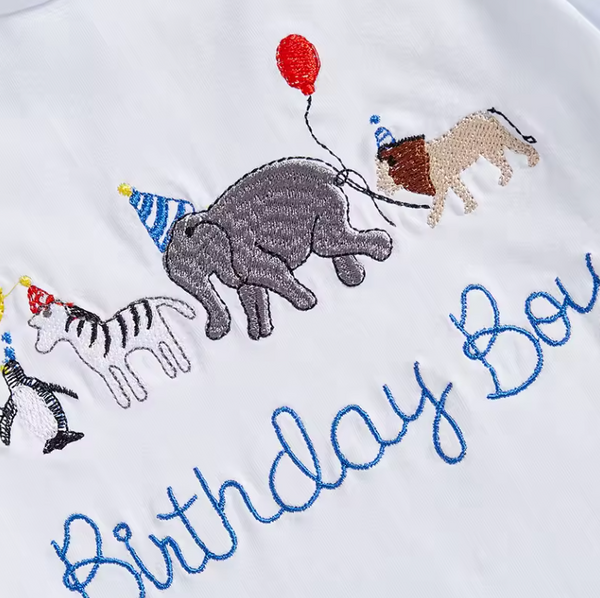 Checkered Birthday Boy Zoo Embroidered Shorts Outfit - PREORDER