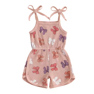 Pink & Purple Bows Waffle Tie Shorts Romper - PREORDER