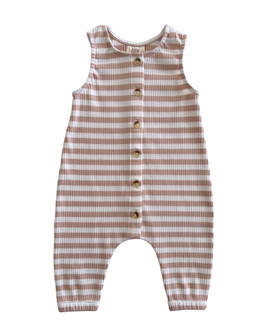 Ribbed Tank Button Pants Romper | Cream Stripes - PREORDER