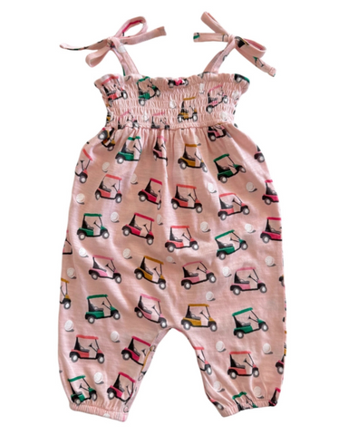 Smocked Ruffle Pants Romper | Pink Golf Cart - PREORDER