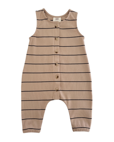 Ribbed Tank Button Pants Romper | Tan Stripes - PREORDER