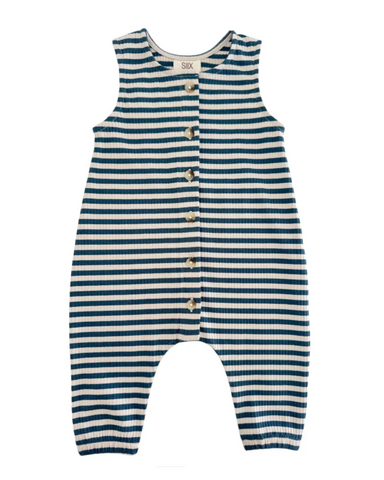 Ribbed Tank Button Pants Romper | Steel Blue Stripes - PREORDER