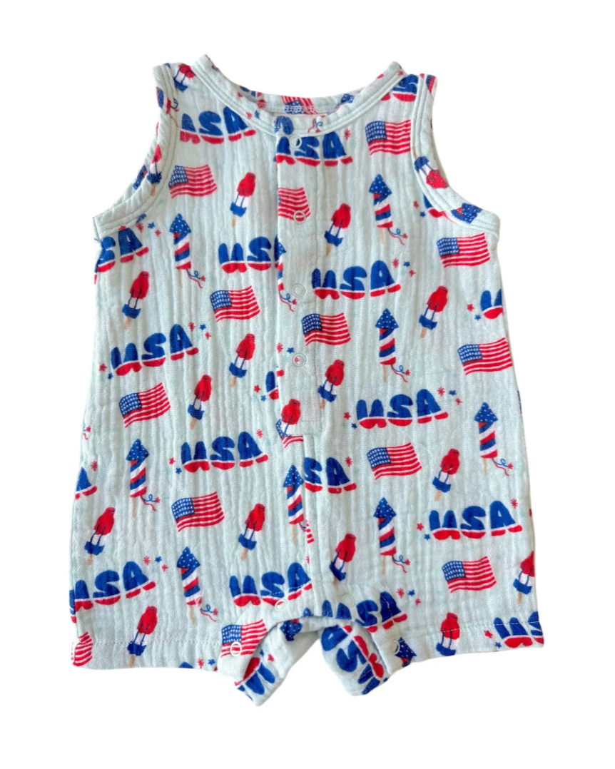 4th of July Tank Shortie Romper | Blue - PREORDER