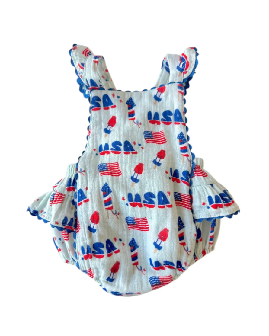 4th of July Ric-Rac Ruffle Sunsuit | Blue - PREORDER