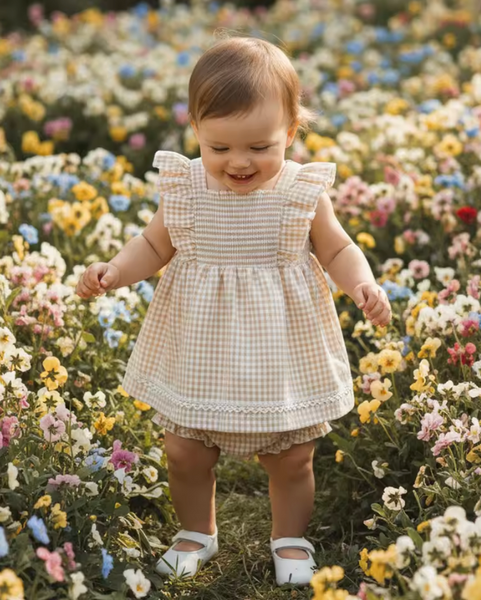 Ruffle Tank & Shorts Set | Beige Gingham - PREORDER