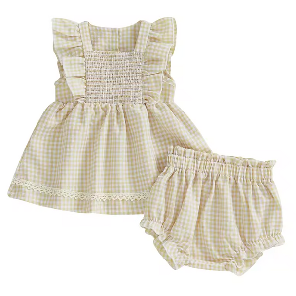 Ruffle Tank & Shorts Set | Beige Gingham - PREORDER