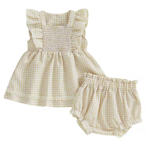 Ruffle Tank & Shorts Set | Beige Gingham - PREORDER