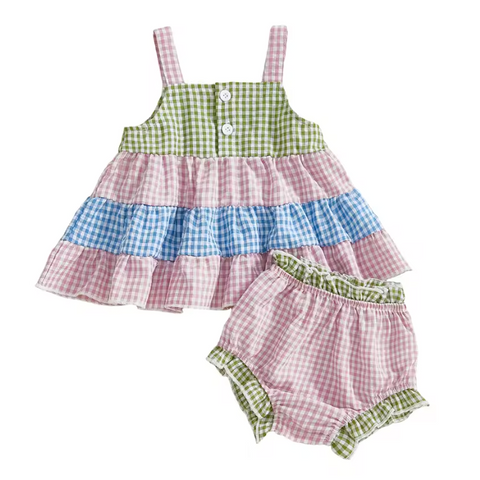 Ruffle Tank & Shorts Set | Three Tone Gingham - PREORDER