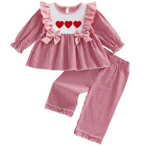 Smocked Ruffle Top & Pants Set | Red Gingham Hearts - PREORDER