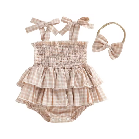 Bubble w/ Skirt Romper | Beige Gingham - PREORDER