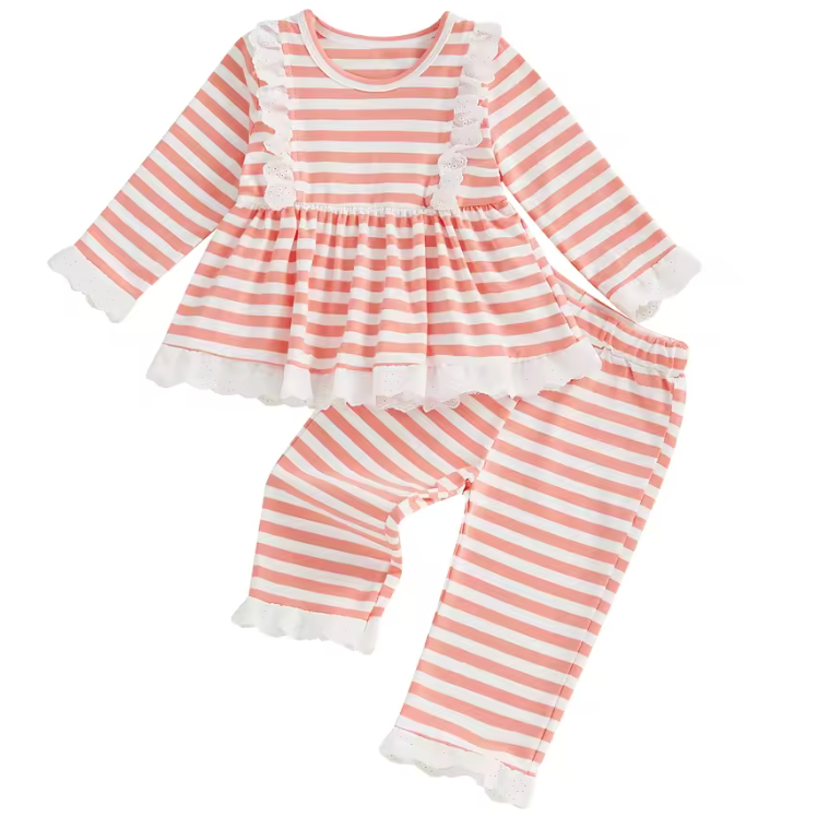 Ruffle Top & Pants Set | Lace Pink Stripes - PREORDER