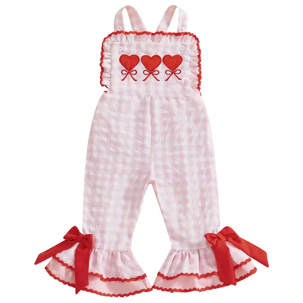Ruffle Bells Jumpsuit | Hearts Pink Gingham - PREORDER