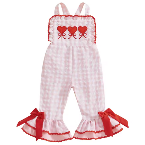 Ruffle Bells Jumpsuit | Hearts Pink Gingham - PREORDER