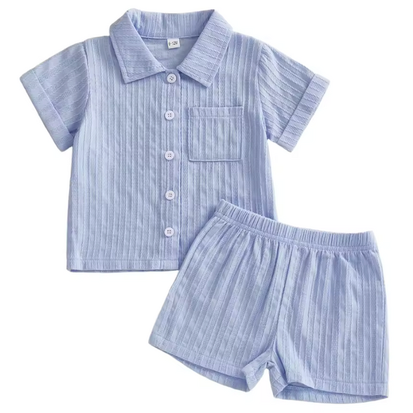 Pointelle Collar Top & Shorts Set | Blue - PREORDER