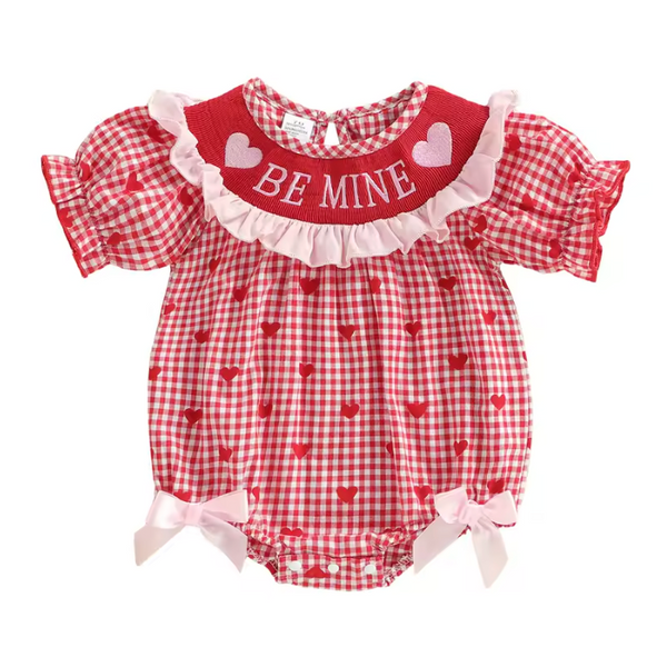Smocked Romper | Red Be Mine Gingham Hearts - PREORDER