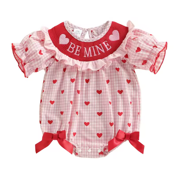 Smocked Romper | Pink Be Mine Gingham Hearts - PREORDER