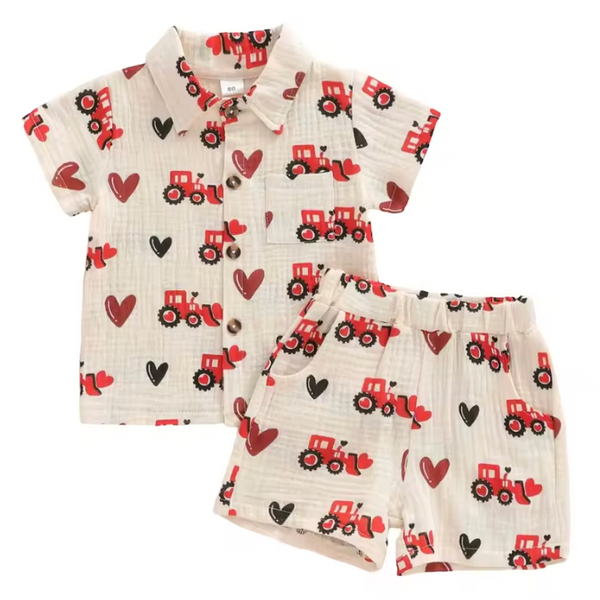 Muslin Collar Top & Shorts Set | Valentines Tractors - PREORDER