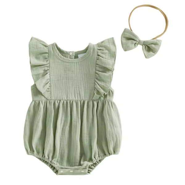 Muslin Ruffle Romper | Green - PREORDER