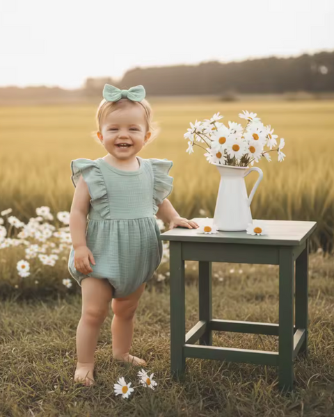 Muslin Ruffle Romper | Green - PREORDER