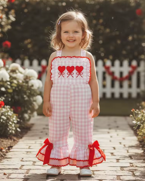 Ruffle Bells Jumpsuit | Hearts Pink Gingham - PREORDER