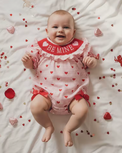 Smocked Romper | Pink Be Mine Gingham Hearts - PREORDER