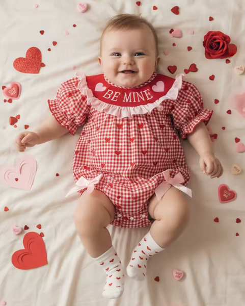 Smocked Romper | Red Be Mine Gingham Hearts - PREORDER