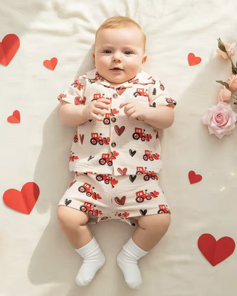 Muslin Collar Top & Shorts Set | Valentines Tractors - PREORDER