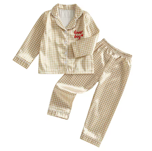Satin Lounge Set | Beige Gingham Lover Boy - PREORDER