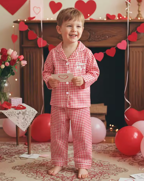 Satin Lounge Set | Red Gingham Lover Boy - PREORDER