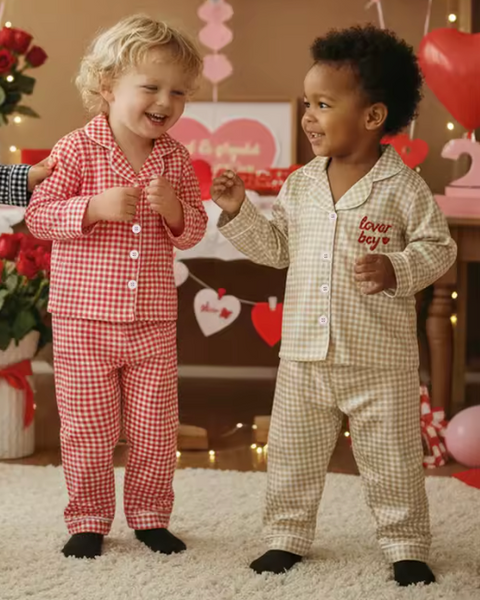 Satin Lounge Set | Beige Gingham Lover Boy - PREORDER