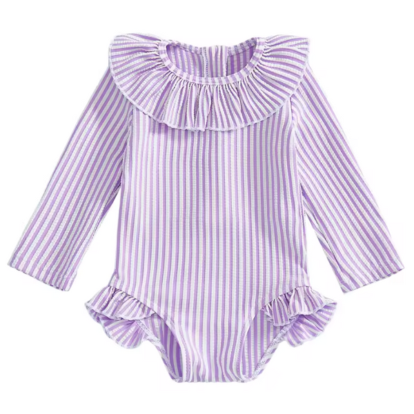 Smocked Long Sleeve Swimsuit | Purple Stripe - PREORDER